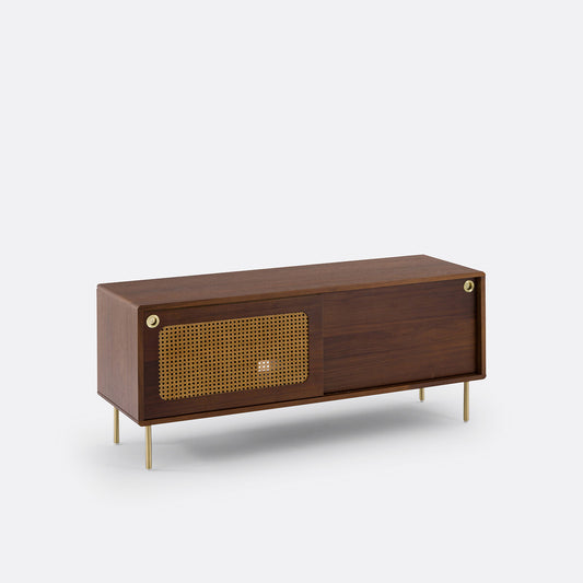 Meuble TV noyer et cannage, longueur 125 cm, REDPOP