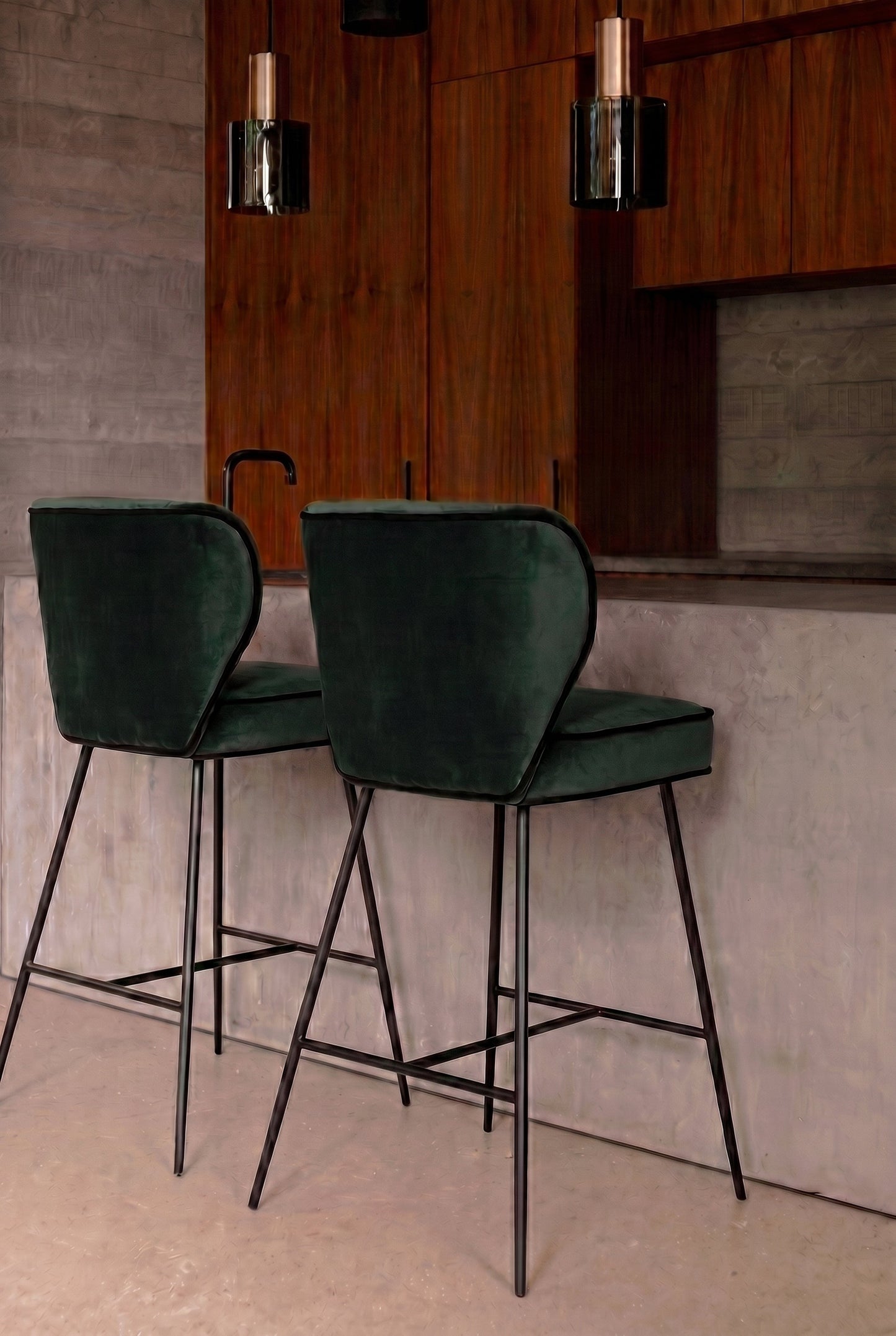 Tabouret de bar - Velours vert cèdre & métal noir - NV GALLERY - WAYNE