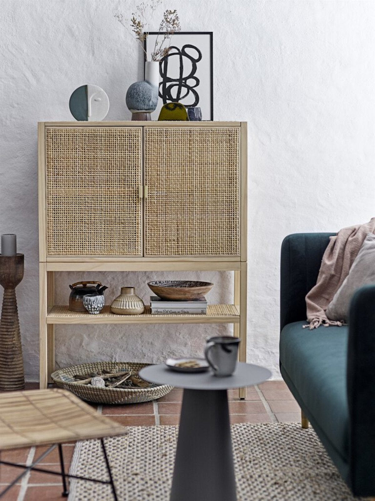 Armoire en pin et rotin naturel, Sanna