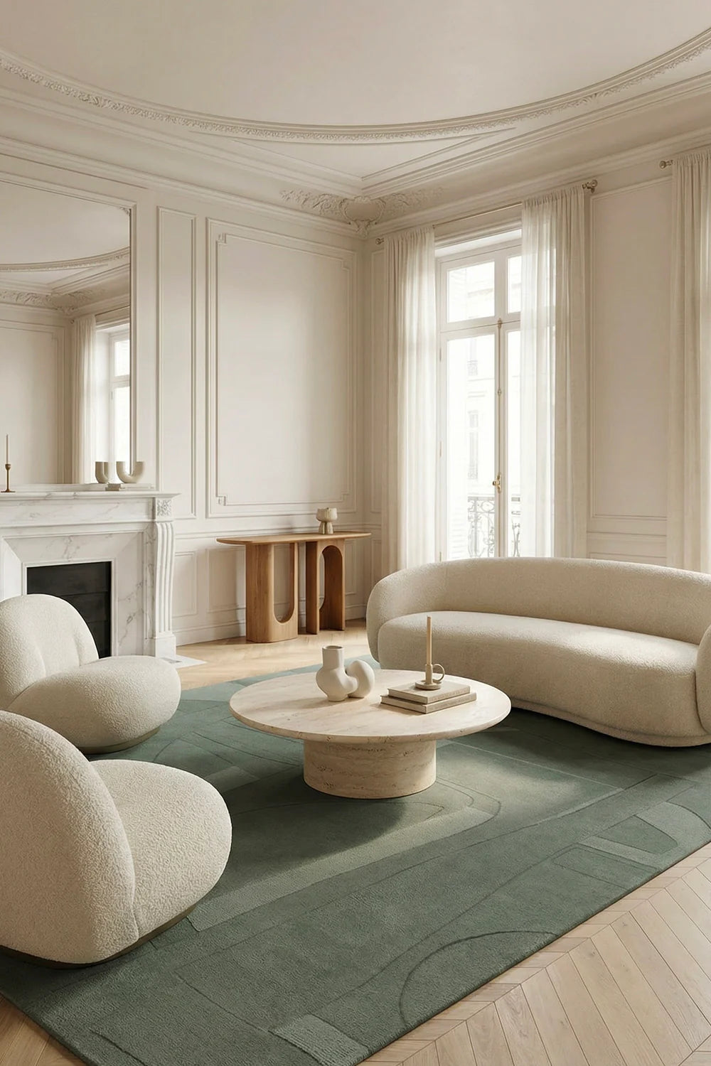 Tapis sauge en laine, Collage
