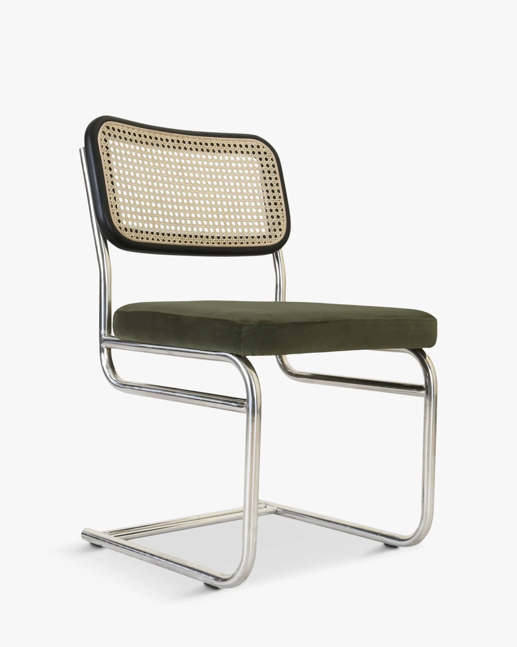 Chaise design, Velours Vert Bouteille, Cannage & Métal Chromé, Uberto
