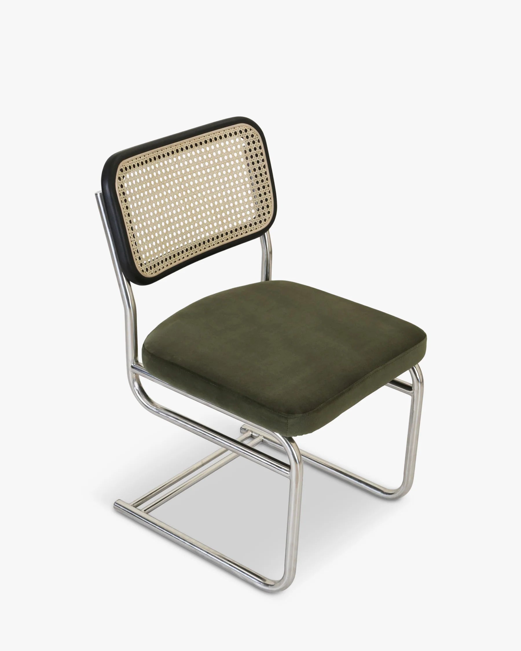 Chaise design, Velours Vert Bouteille, Cannage & Métal Chromé, Uberto