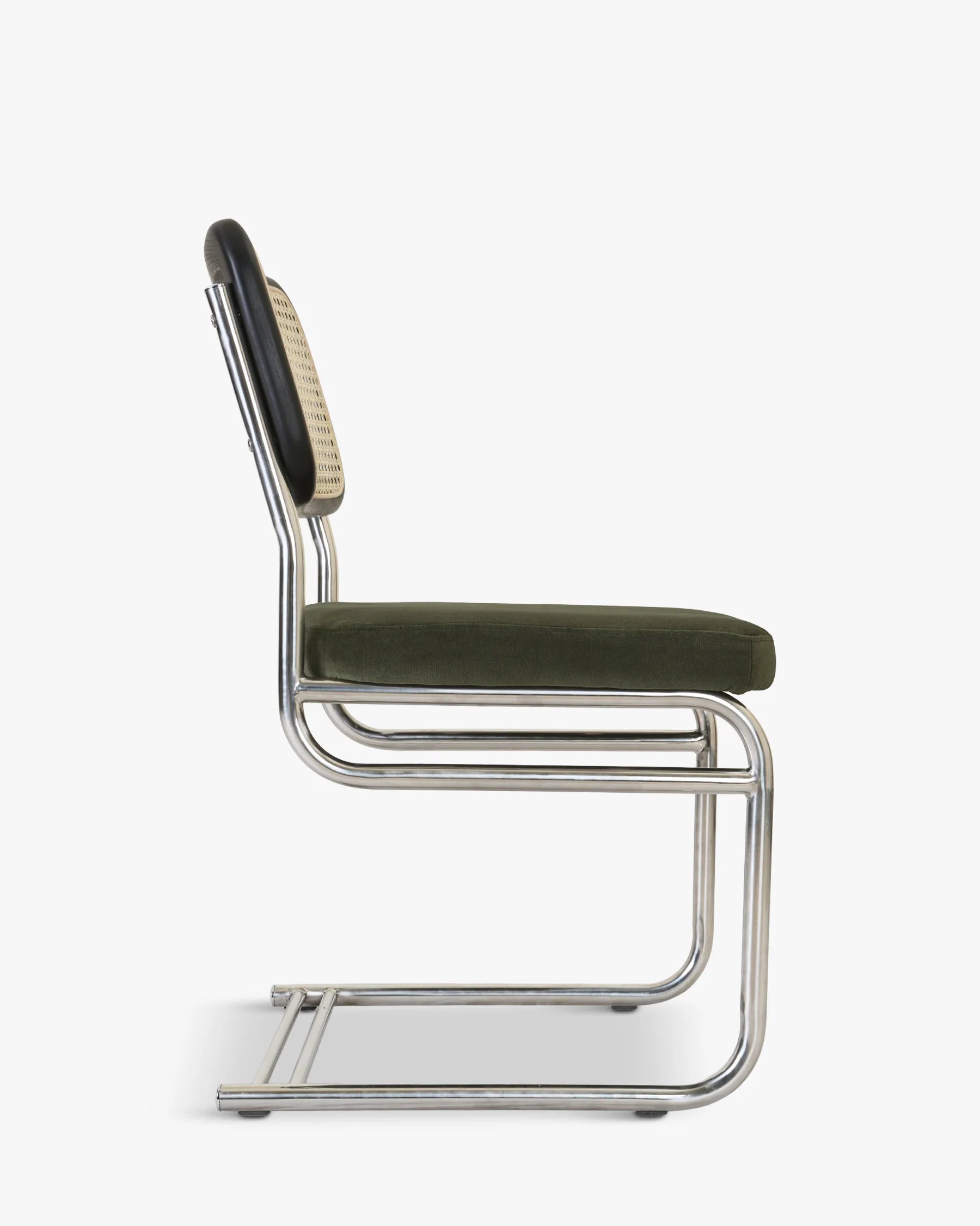 Chaise design, Velours Vert Bouteille, Cannage & Métal Chromé, Uberto