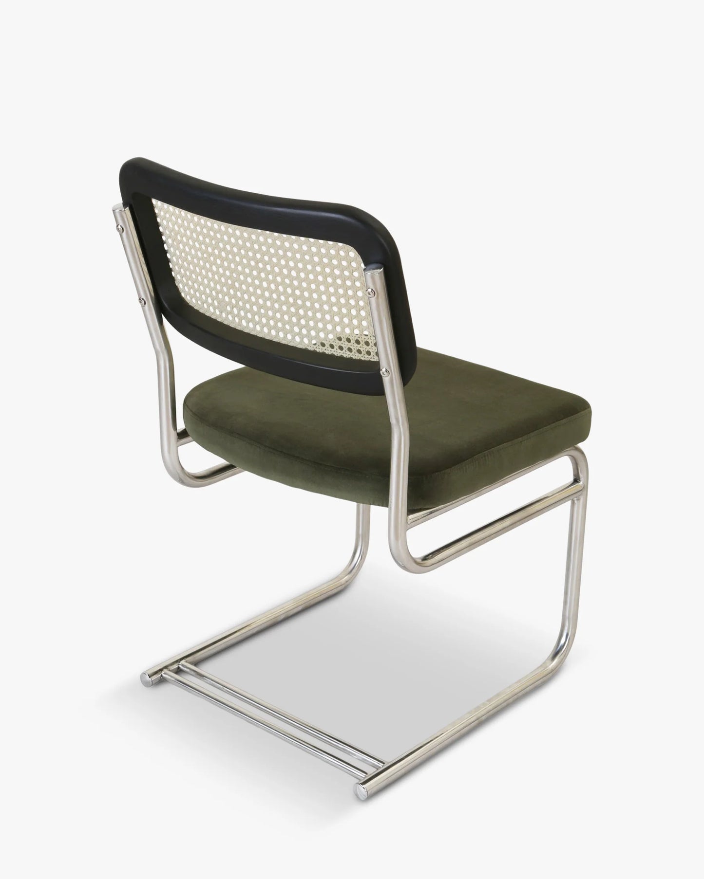 Chaise design, Velours Vert Bouteille, Cannage & Métal Chromé, Uberto