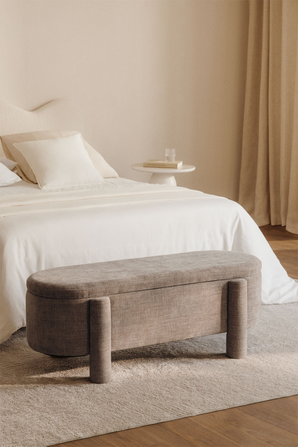 Banc avec rangement 115 cm tapissé en tissu gris taupe Cleo