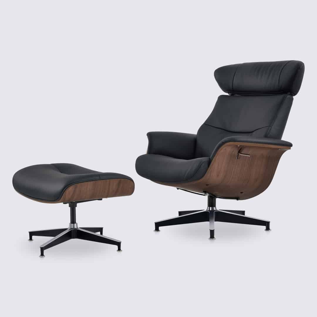 Fauteuil lounge et ottoman en cuir pleine fleur noir et bois de noyer inclinable – Confort