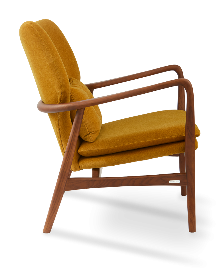 Fauteuil en frêne et tissu jaune, Peggy Soft