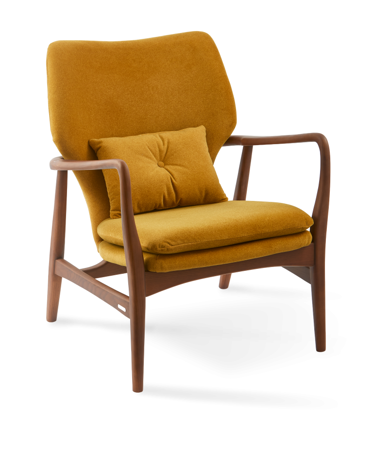Fauteuil en frêne et tissu jaune, Peggy Soft