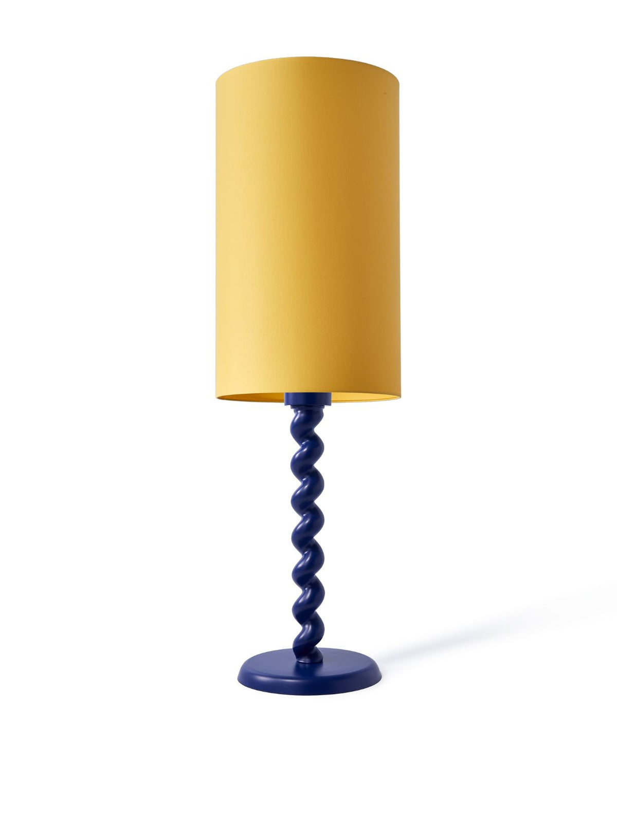 Grande lampe pied bleu foncé et abat-jour jaune, Twister Ø35cm