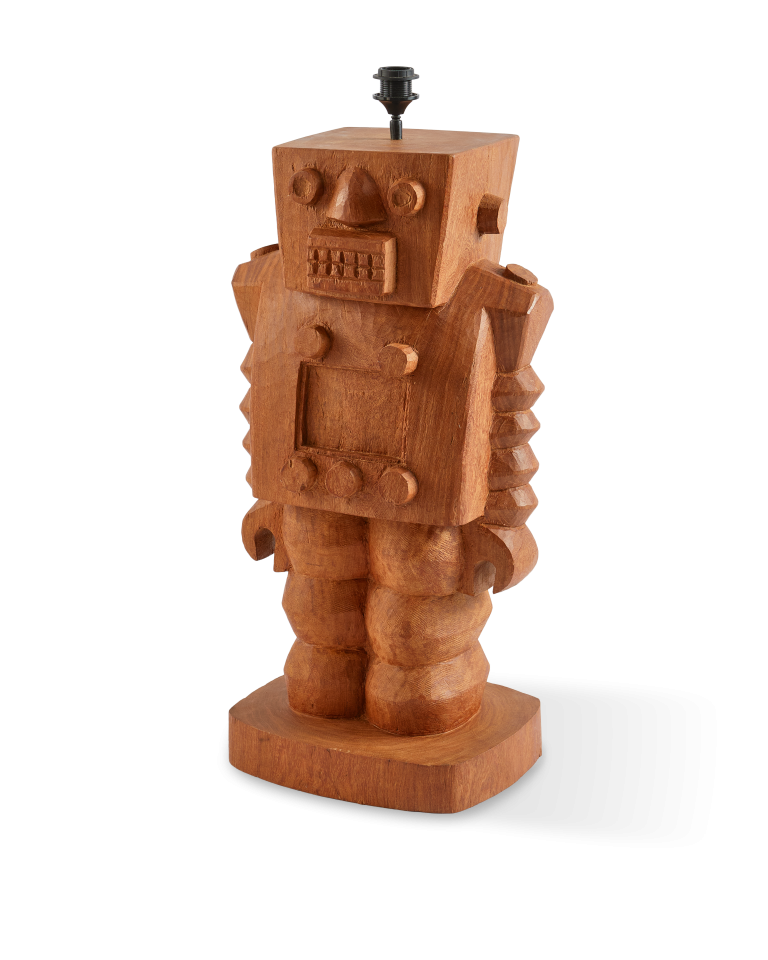Pied de lampe en bois sculpté, Robot