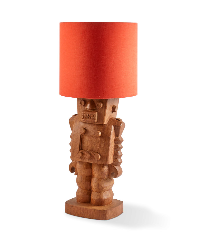 Pied de lampe en bois sculpté, Robot