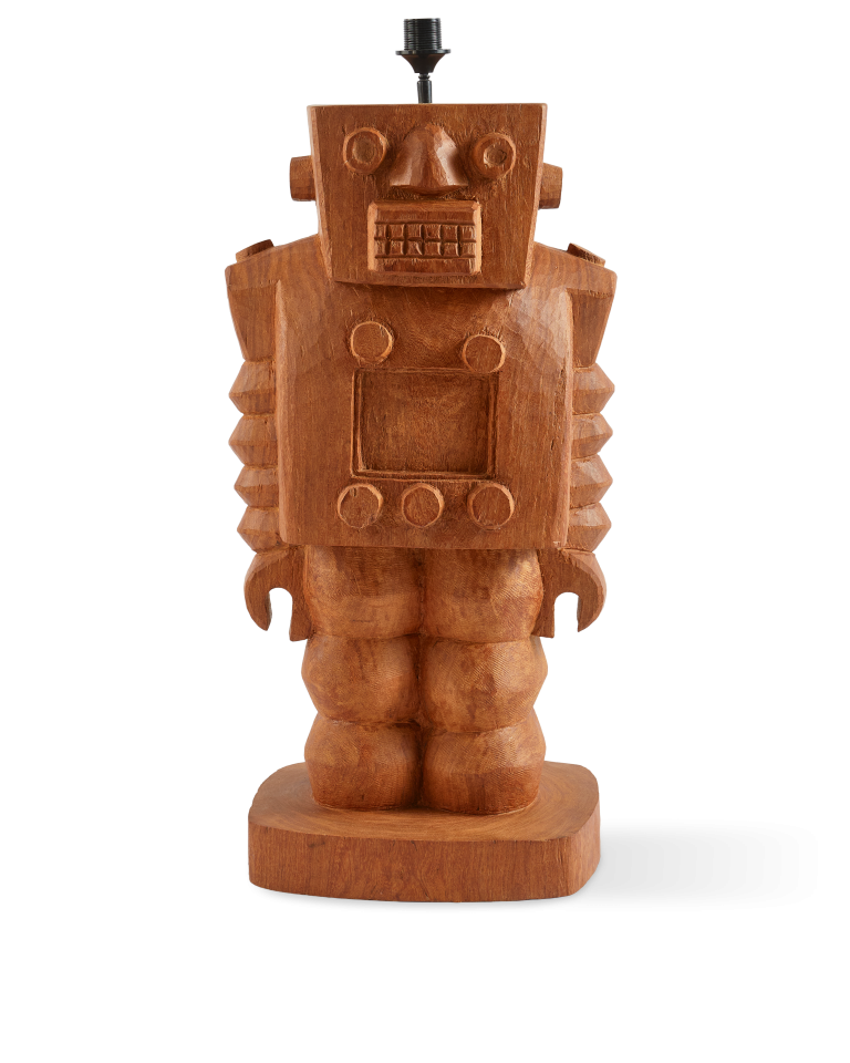 Pied de lampe en bois sculpté, Robot
