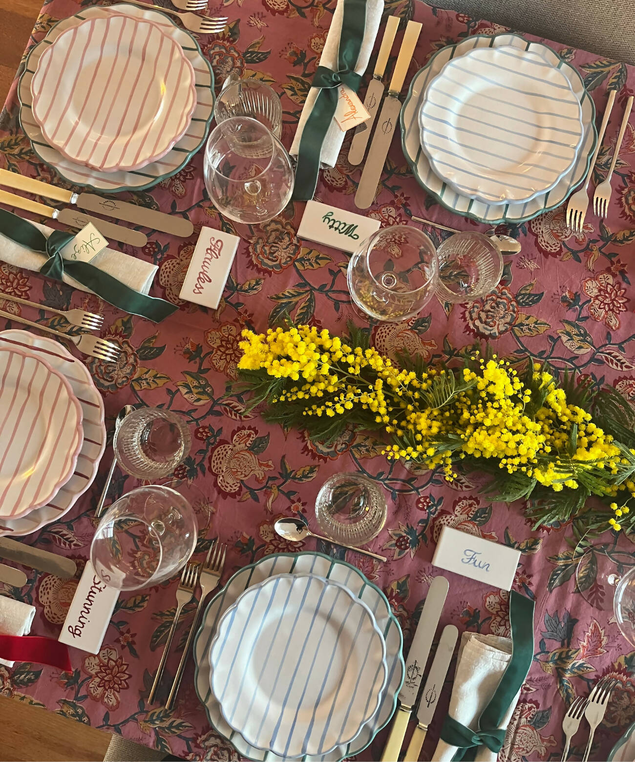 Assiette à dîner rayée "Flower" - Vert forêt & Rose
